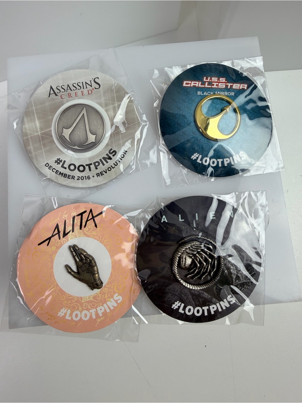 Loot Crate Pin Collection Lot Of 4 Assassin’s Creed, Alita, Black Mirror, Alien